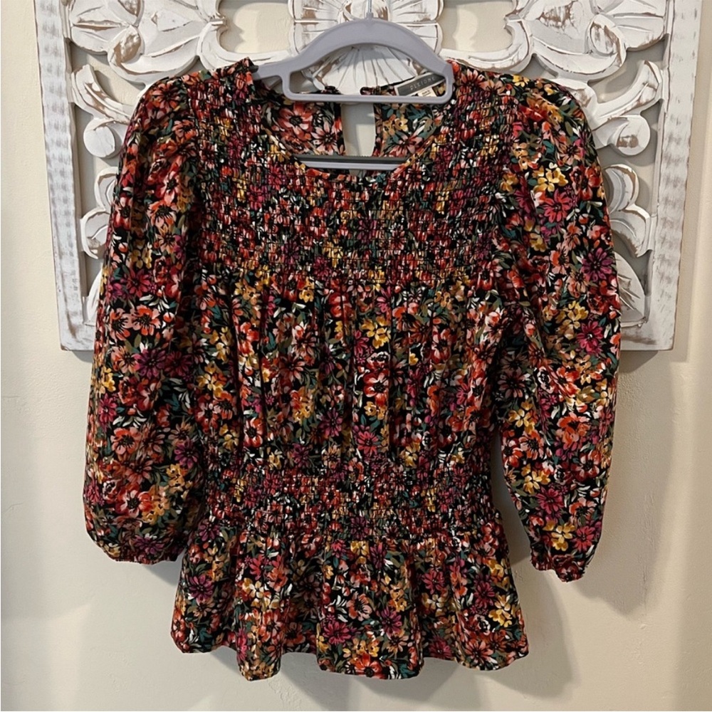 Pleione by Anthropologie Red and Orange Peplum Blouse (XS)